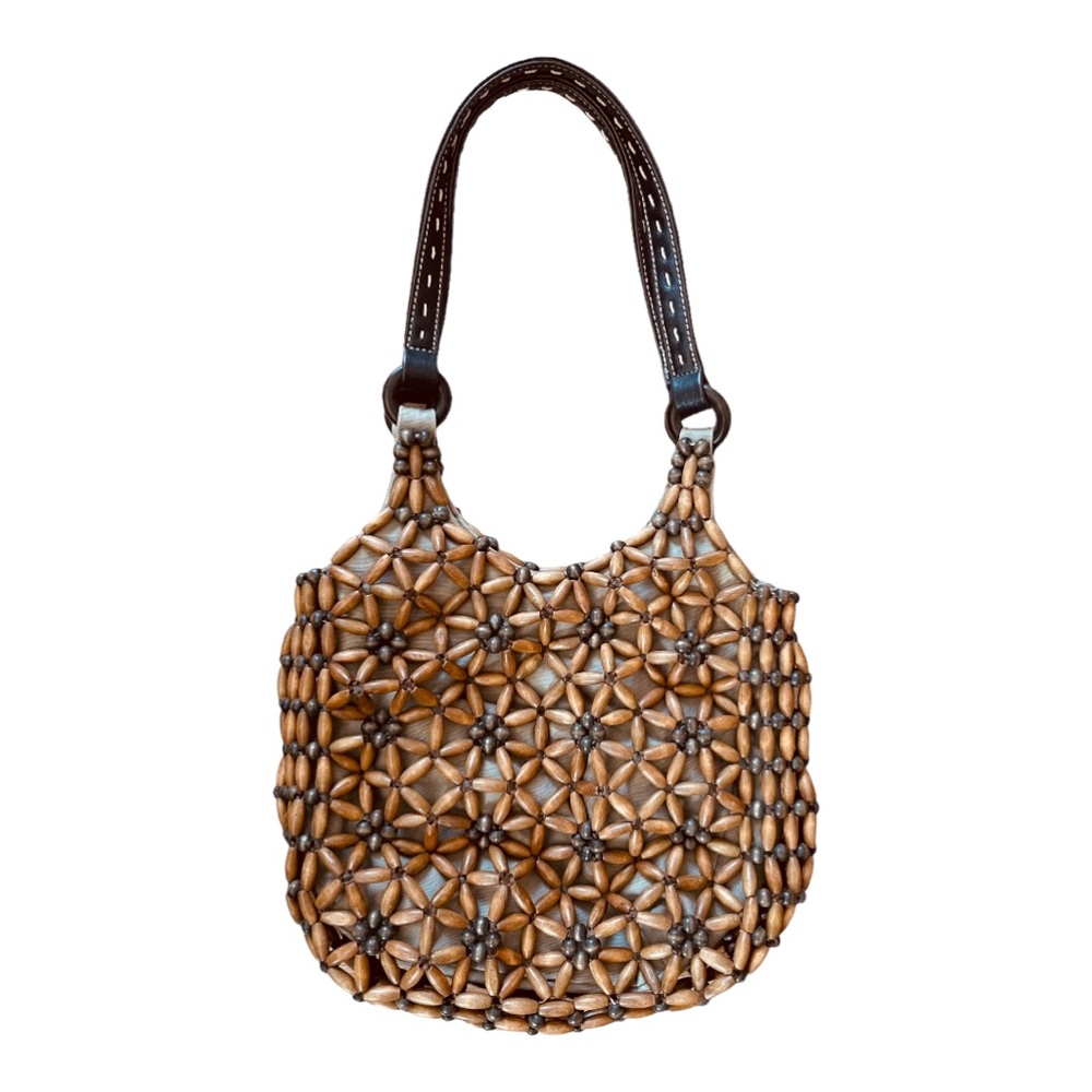 NINE WEST Wood Beaded Boho Handbag Purse Flower Details